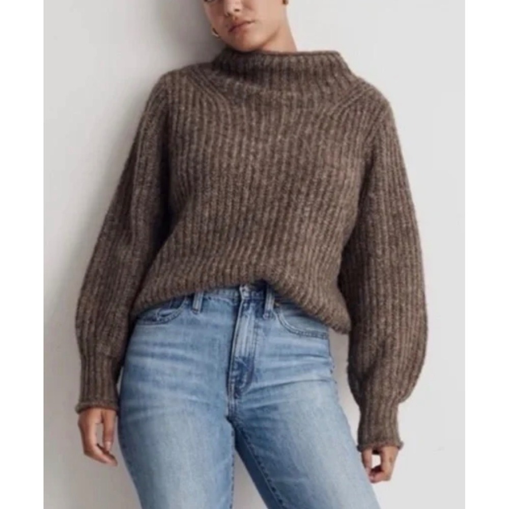 Madewell Loretta Sweater Women 1X Brown Mock Neck Ribbed Knit Wool Blend